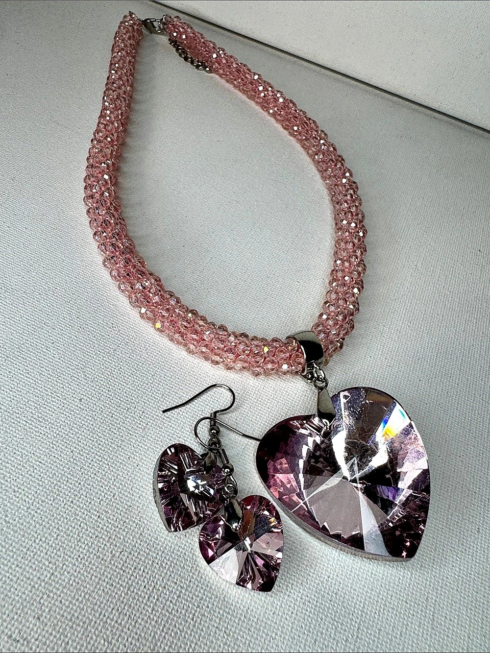 Pink Crystal Heart Necklace & Earrings Set